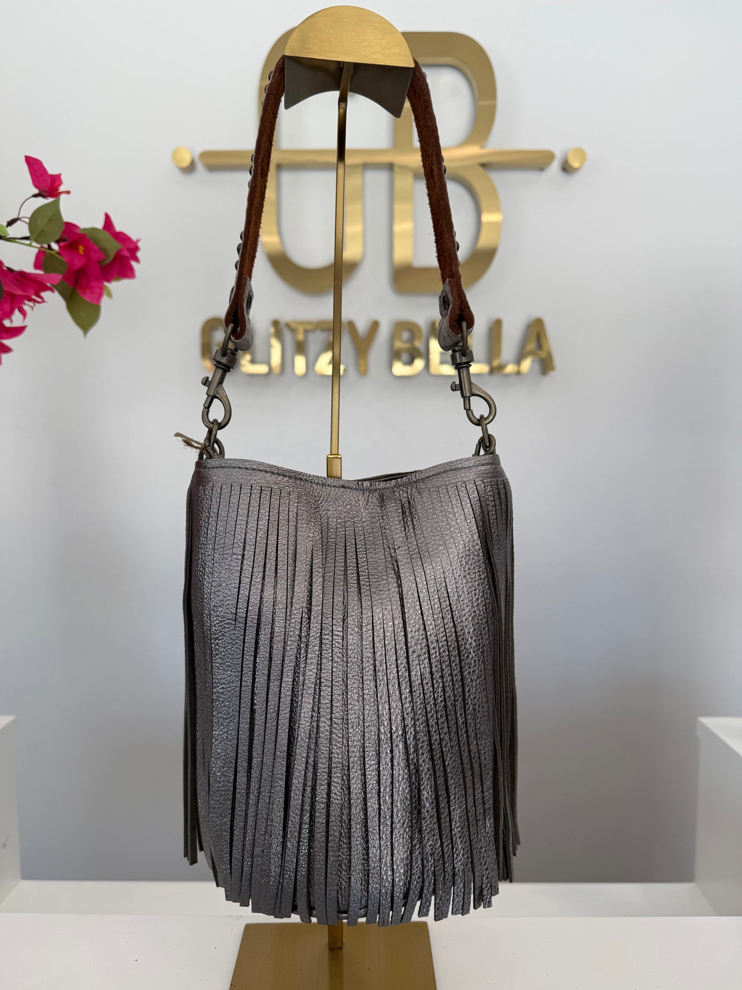 Metallic Silver Fringe Bucket Bag in Mini w/ Strap