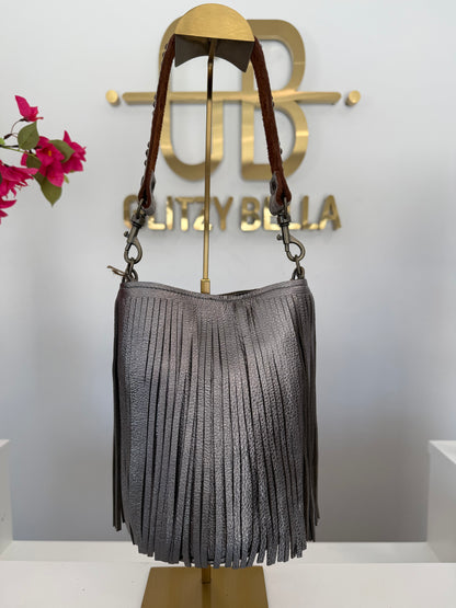 Metallic Silver Fringe Bucket Bag in Mini w/ Strap