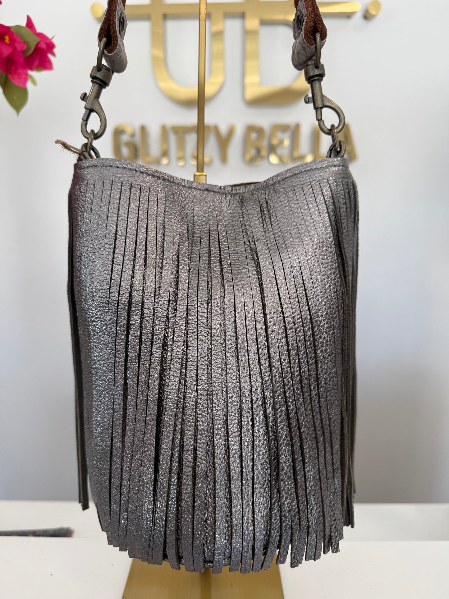 Metallic Silver Fringe Bucket Bag in Mini w/ Strap