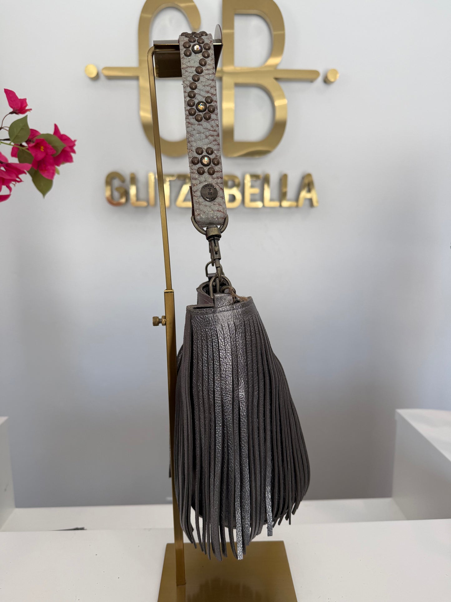 Metallic Silver Fringe Bucket Bag in Mini w/ Strap