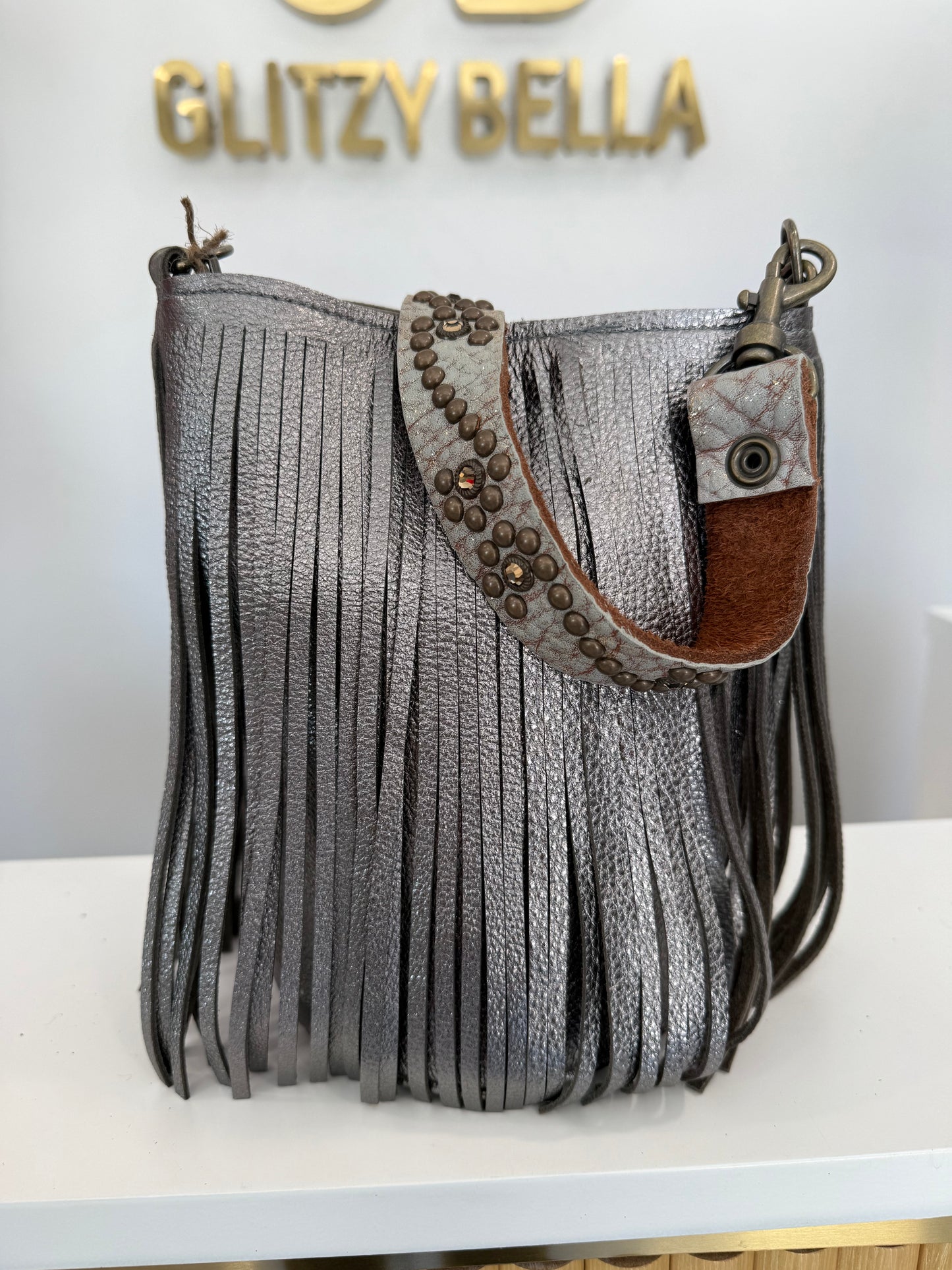 Metallic Silver Fringe Bucket Bag in Mini w/ Strap