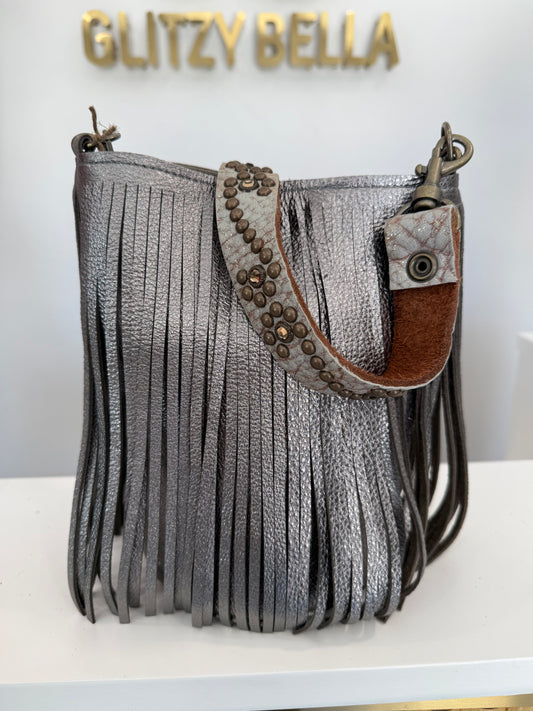 Metallic Silver Fringe Bucket Bag in Mini w/ Strap