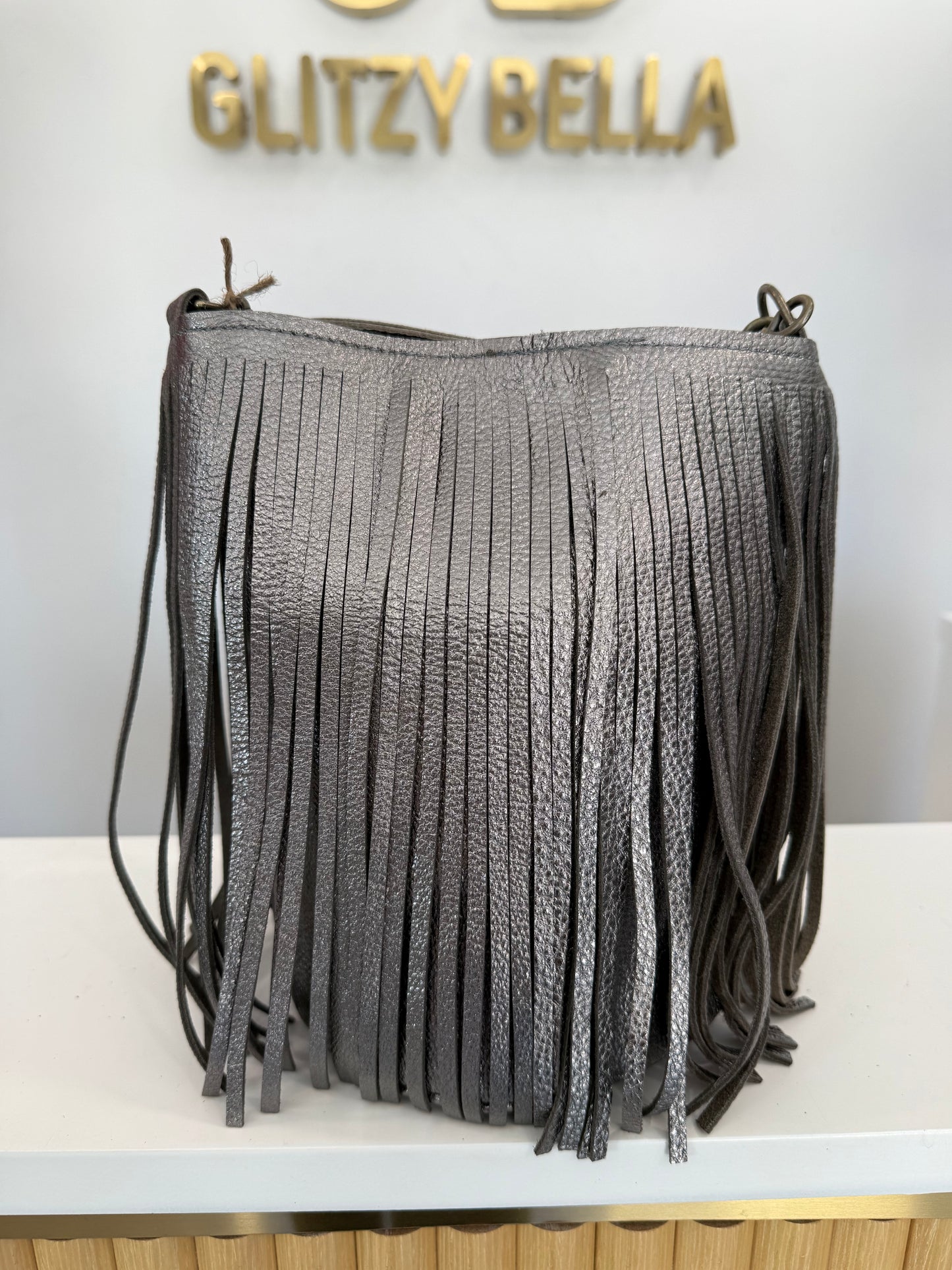 Metallic Silver Fringe Bucket Bag in Mini w/ Strap