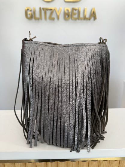 Metallic Silver Fringe Bucket Bag in Mini w/ Strap
