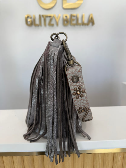 Metallic Silver Fringe Bucket Bag in Mini w/ Strap