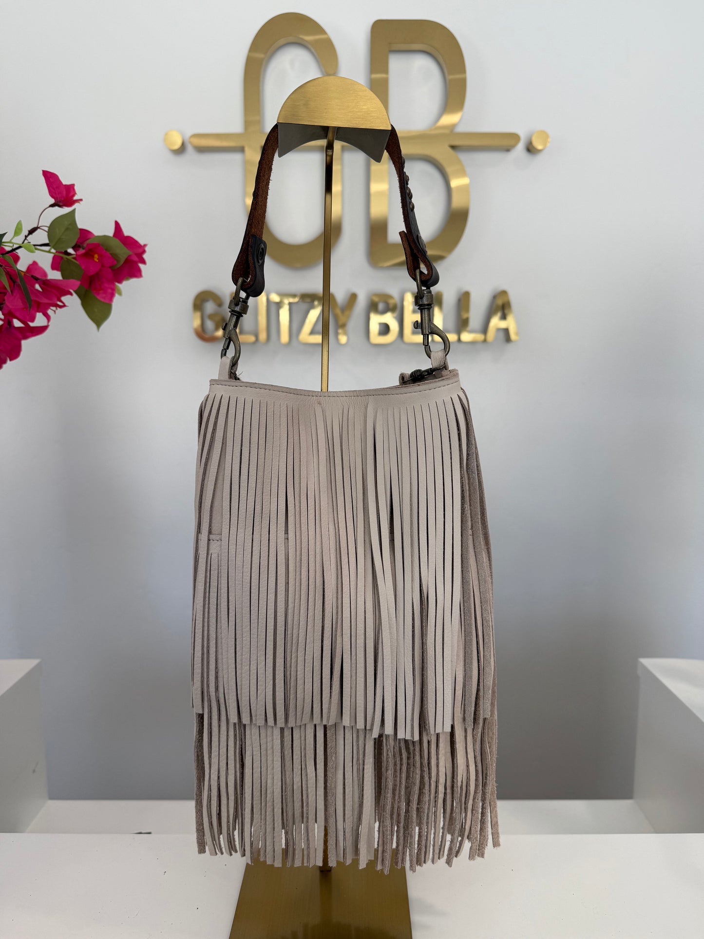 Ivory Fringe Crossbody w/ Brown Strap