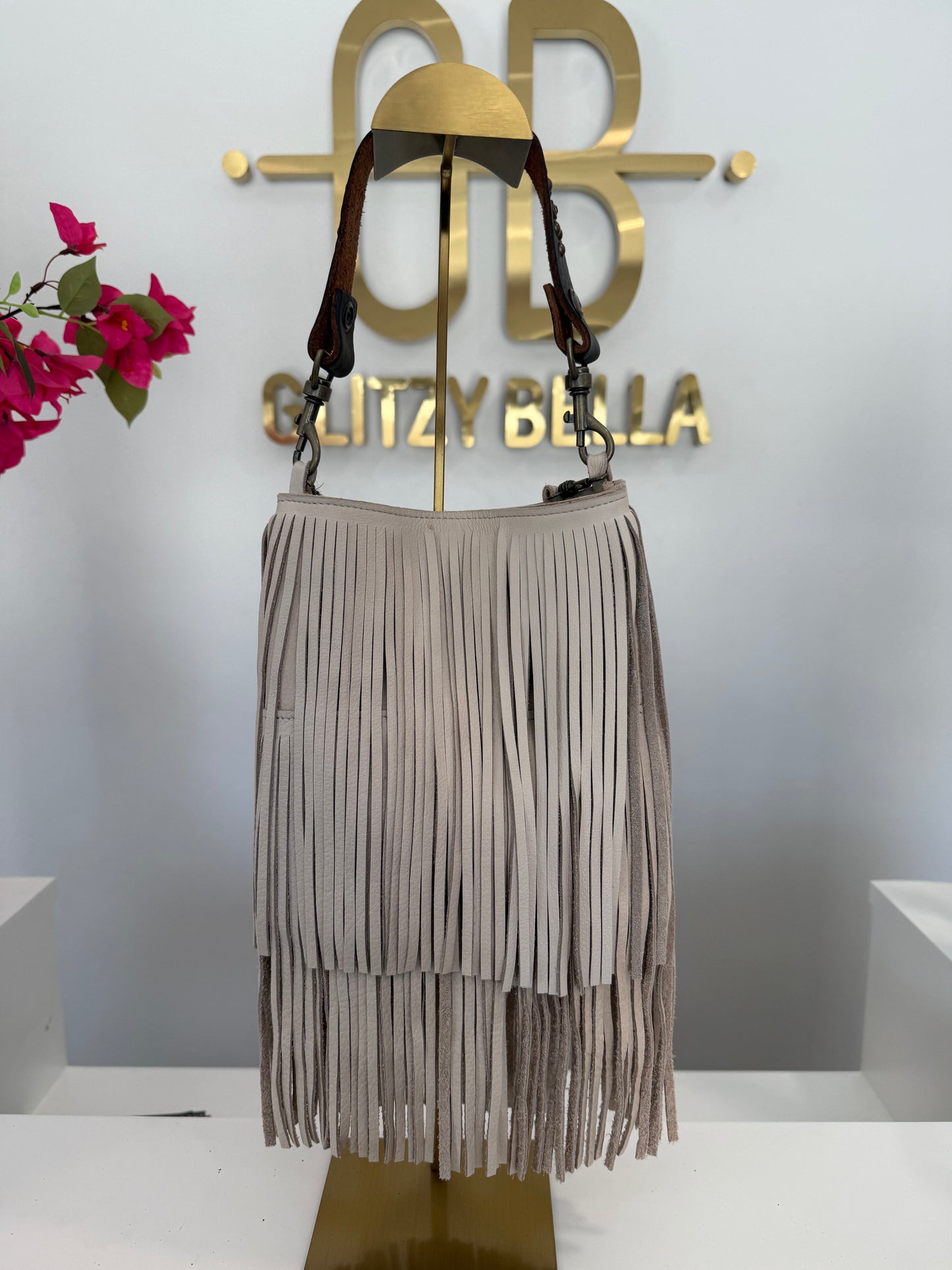 Ivory Fringe Crossbody w/ Brown Strap