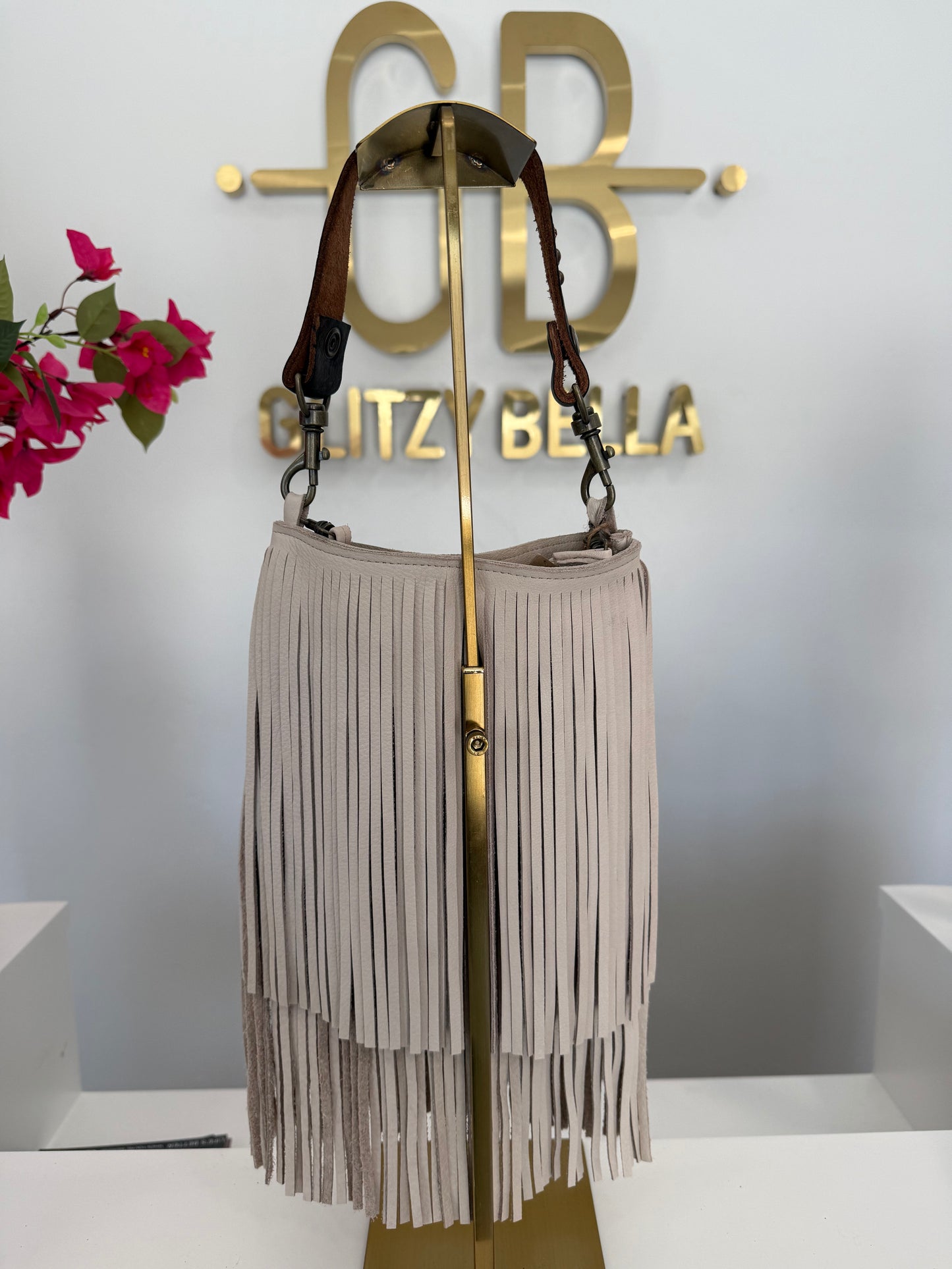 Ivory Fringe Crossbody w/ Brown Strap