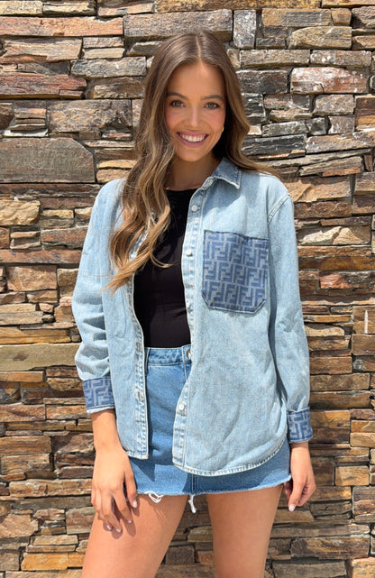 Designer Repurposed Denim Shacket w/ Designer Blue Scarf