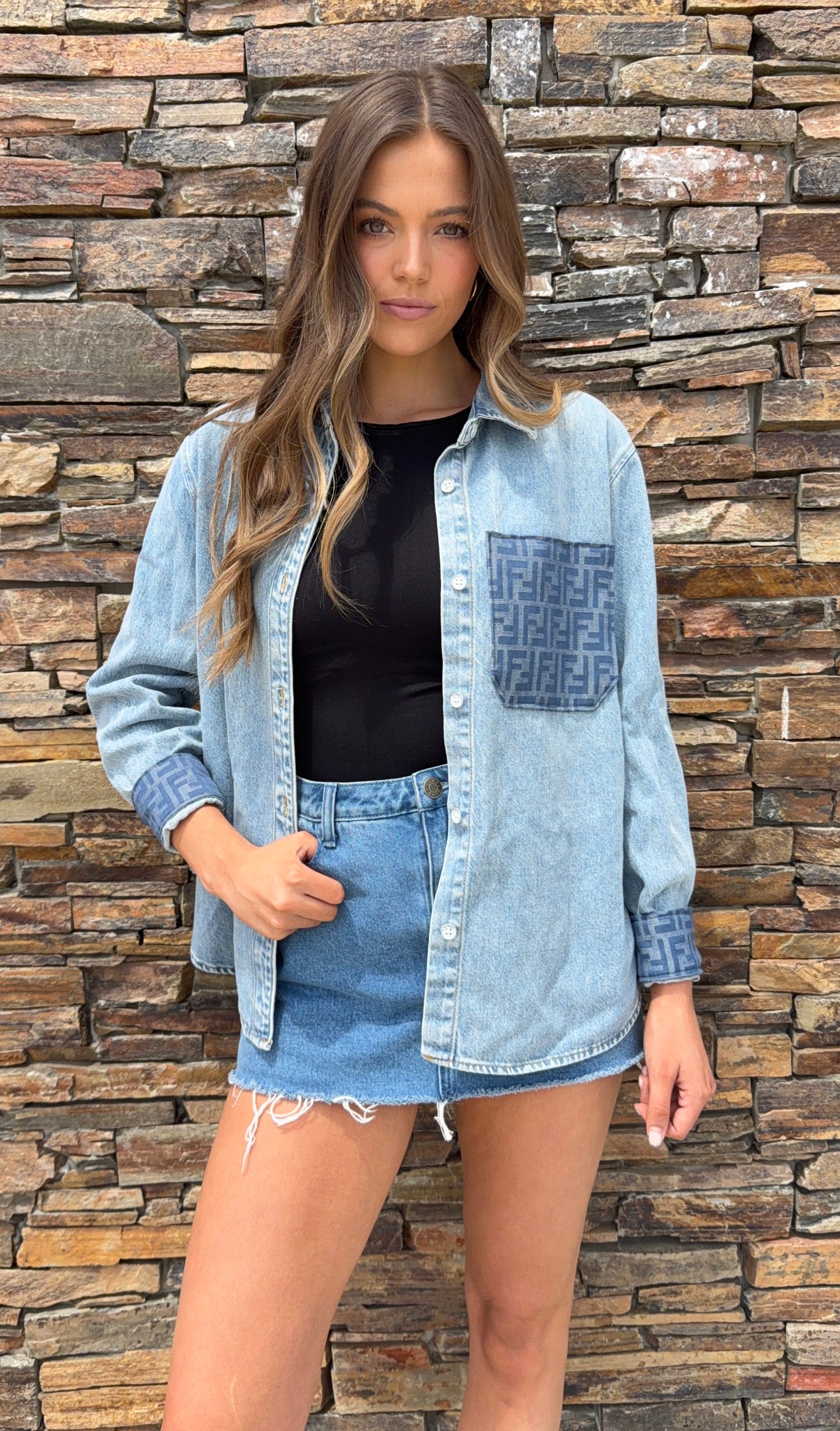 Designer Repurposed Denim Shacket w/ Designer Blue Scarf