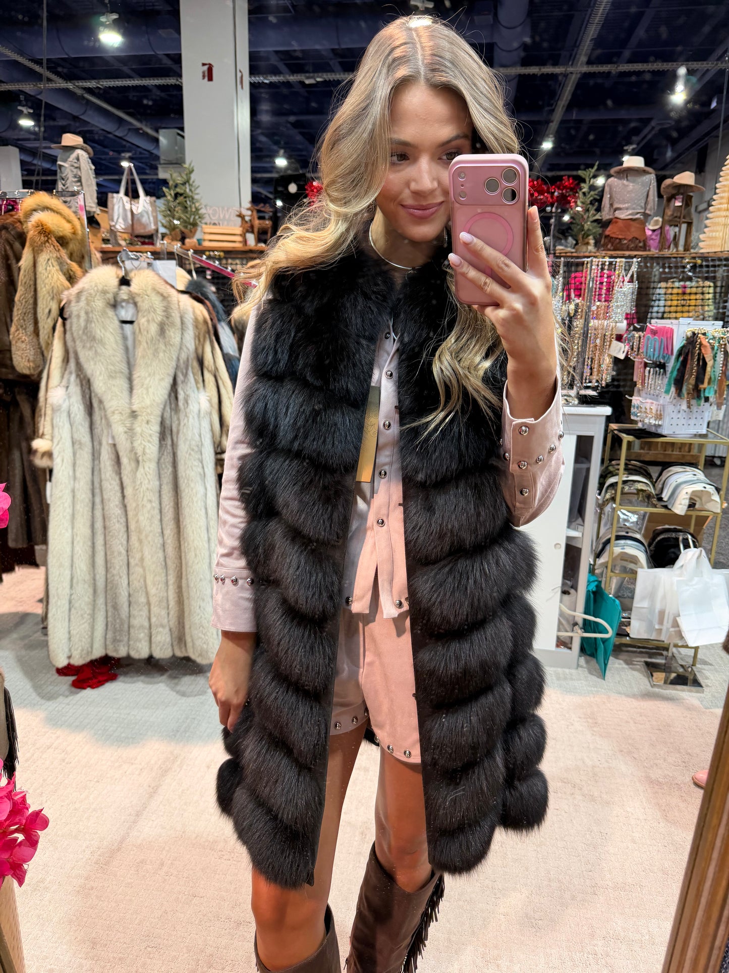 #156 Vintage Dyed Black Fox Vest Size Medium