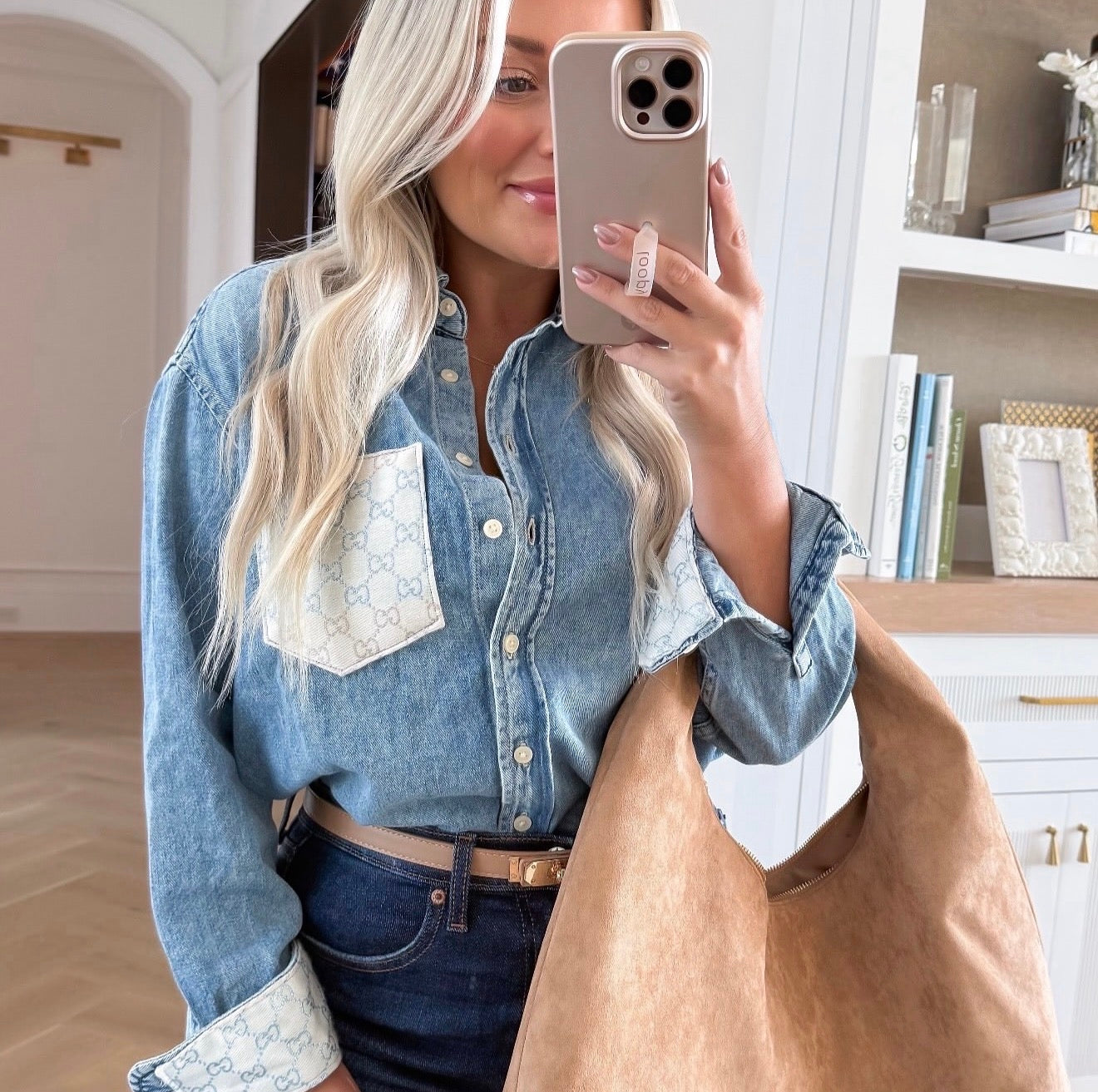 LIMITED EDITION!! Designer Repurposed Denim Shirt w/ Designer Beige Scarf