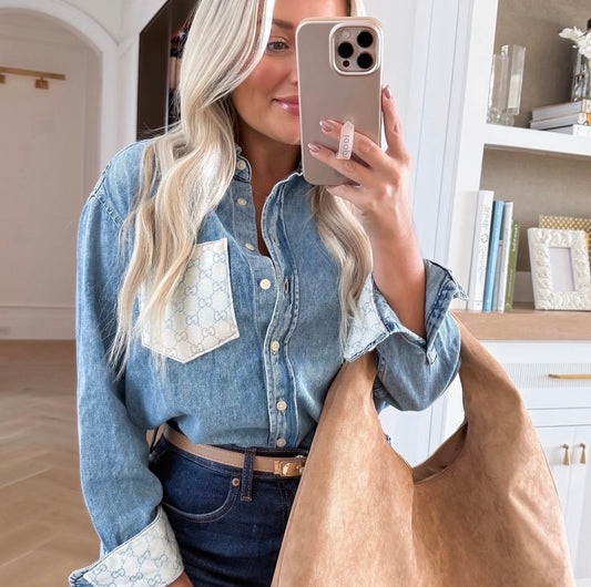 LIMITED EDITION!! Designer Repurposed Denim Shirt w/ Designer Beige Scarf