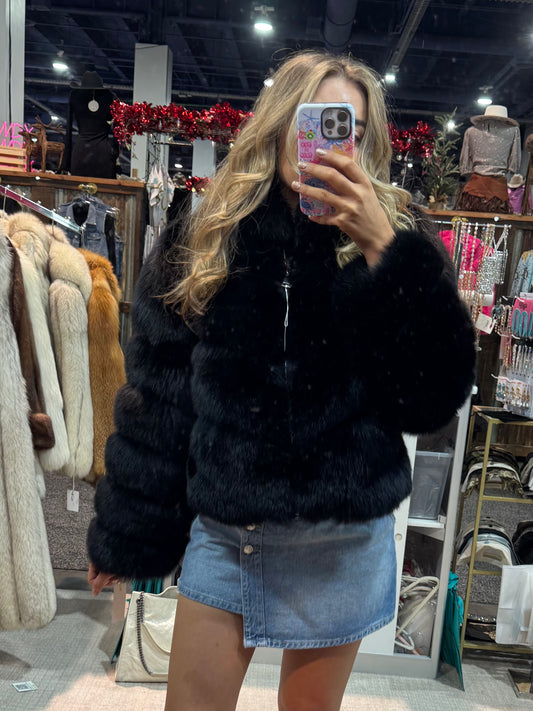 #S30 Vintage Dyed Black Fox Jacket Size Medium