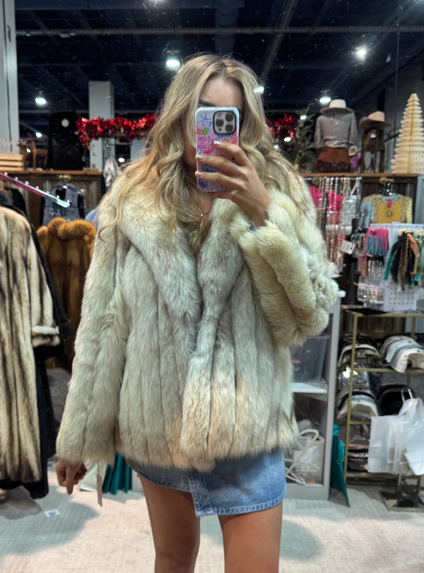 #132 Vintage Blue Fox Jacket Size Medium/Large