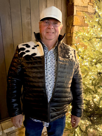 Men's Cowhide Puffer Jacket in Black