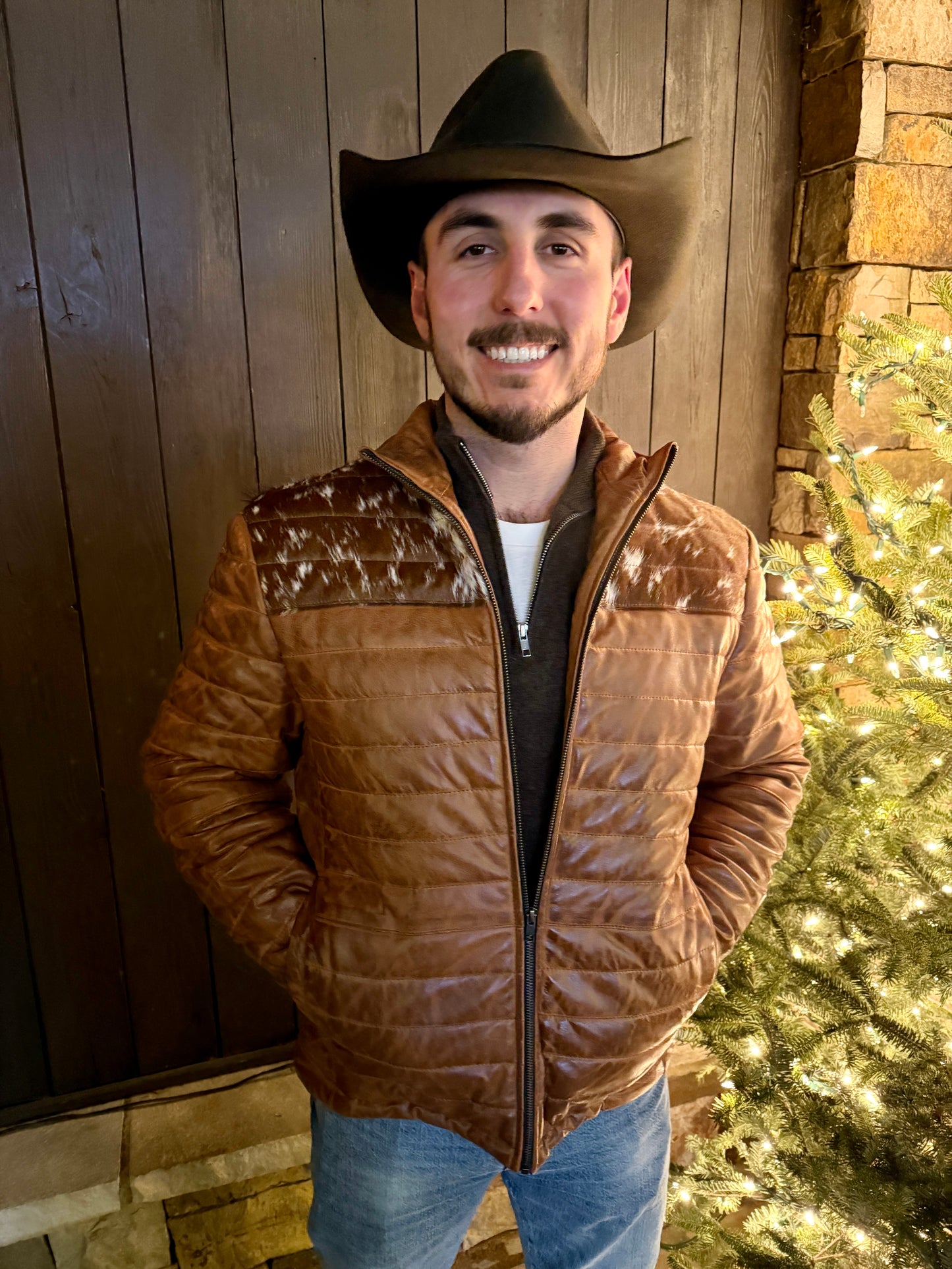 Men's Cowhide Puffer Jacket in Brown