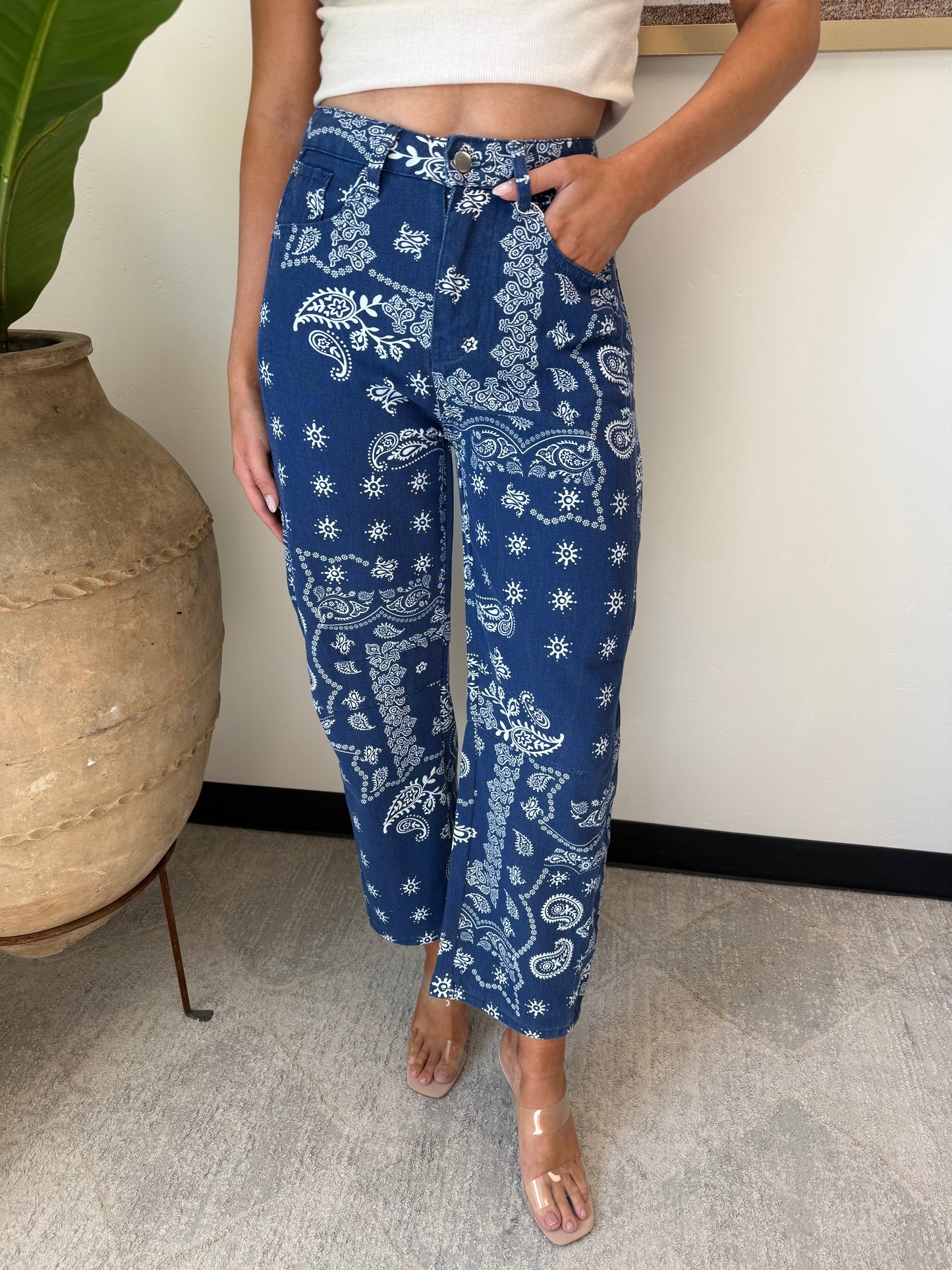 Paisley Barrel Leg Pants in Navy