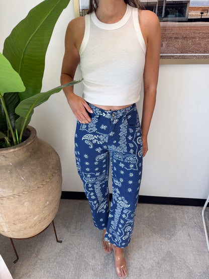 Paisley Barrel Leg Pants in Navy