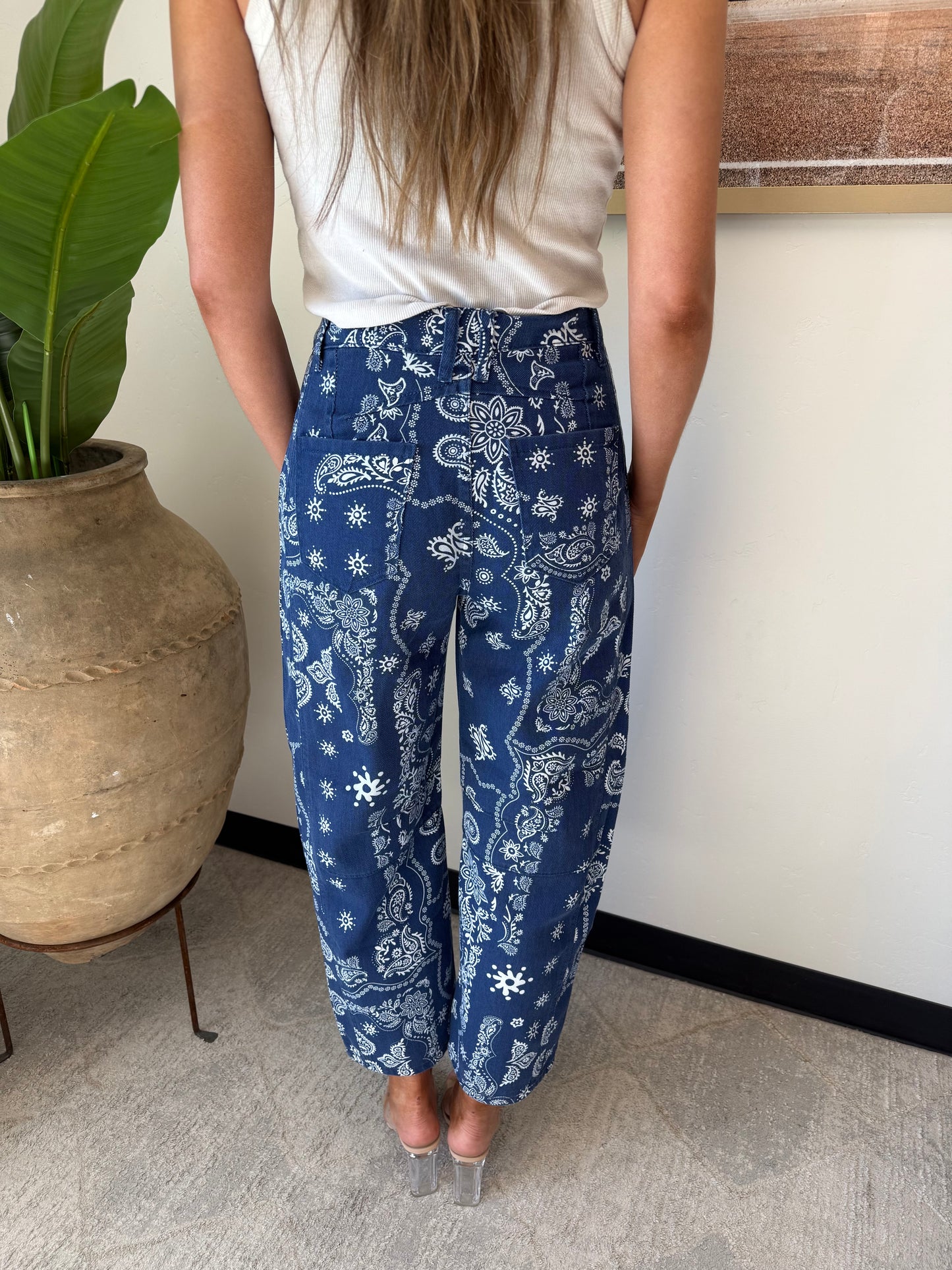 Paisley Barrel Leg Pants in Navy