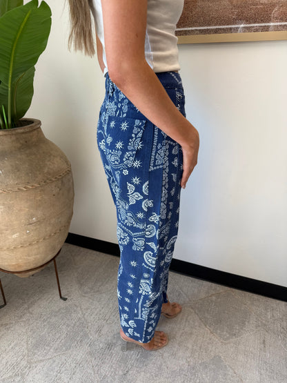 Paisley Barrel Leg Pants in Navy