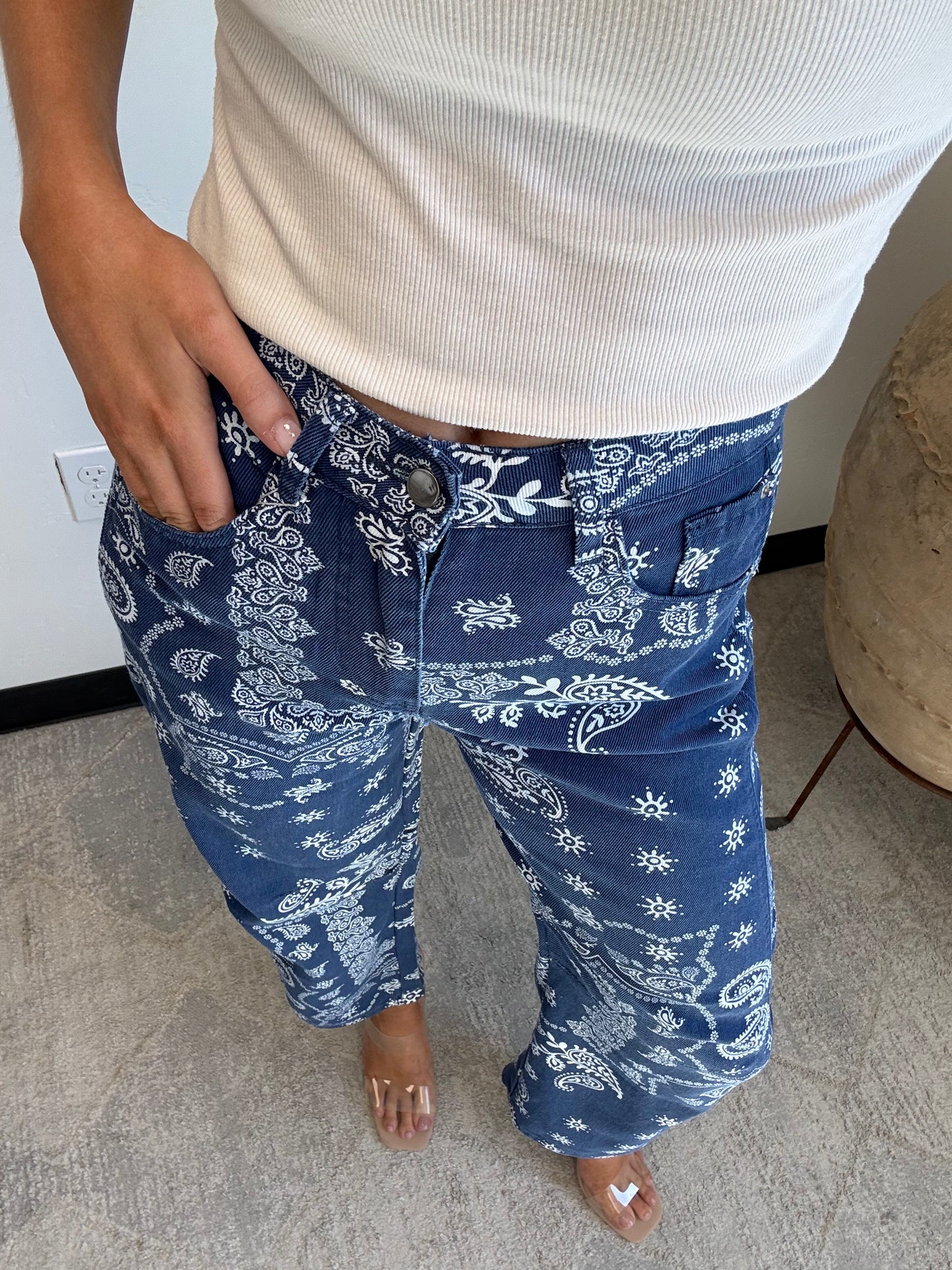 Paisley Barrel Leg Pants in Navy