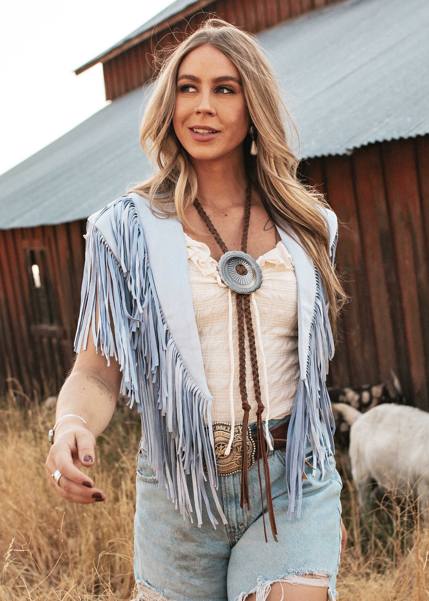 NEW!! The "Bronc" Fringe Suede Shawl in Light Blue