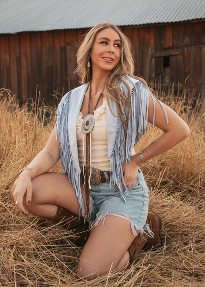 NEW!! The "Bronc" Fringe Suede Shawl in Light Blue