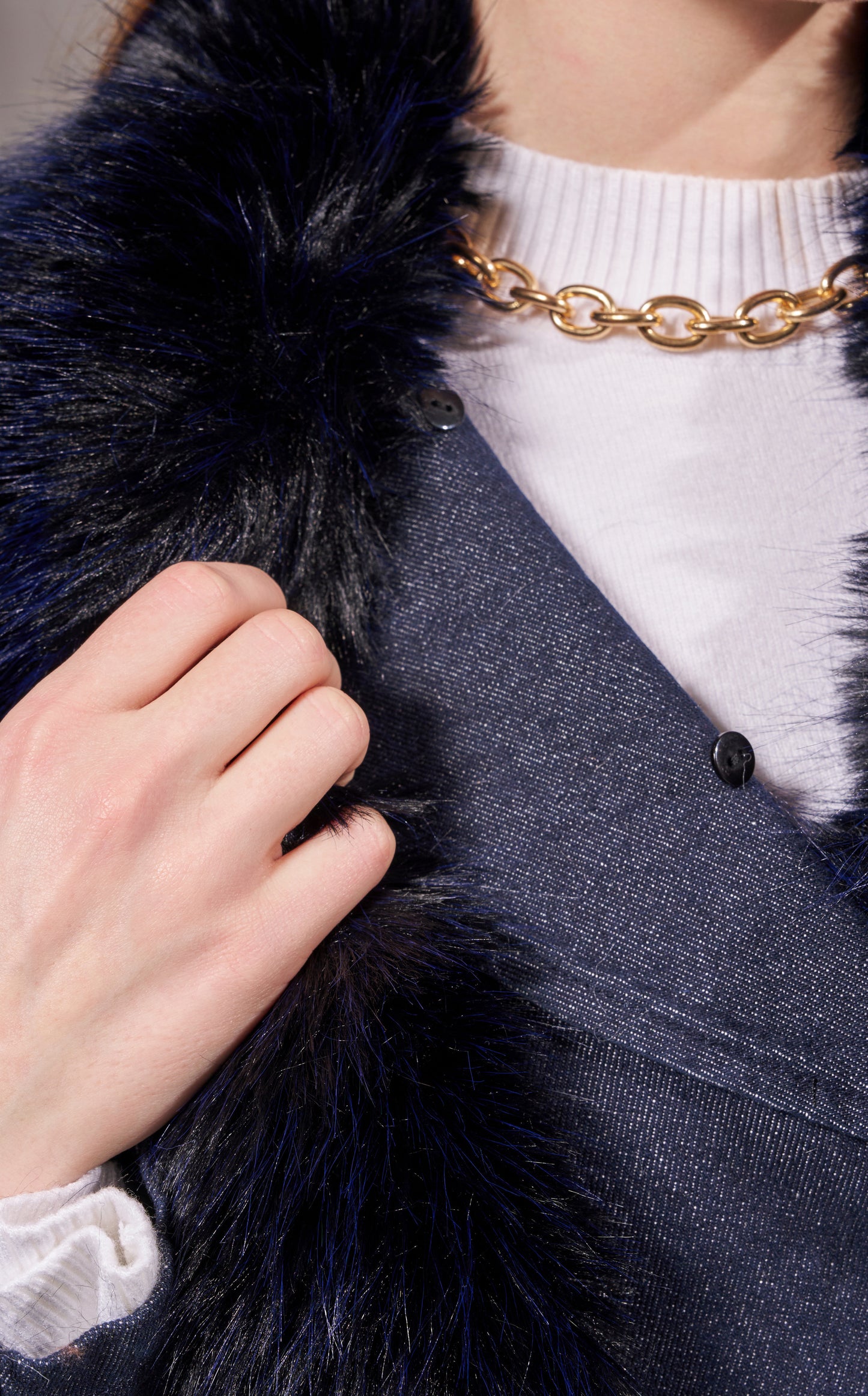 Denim and Faux Fur Trench in Dark Wash - PRE ORDER