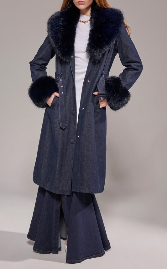 Kaya Denim and Faux Fur Trench in Dark Wash - PRE ORDER