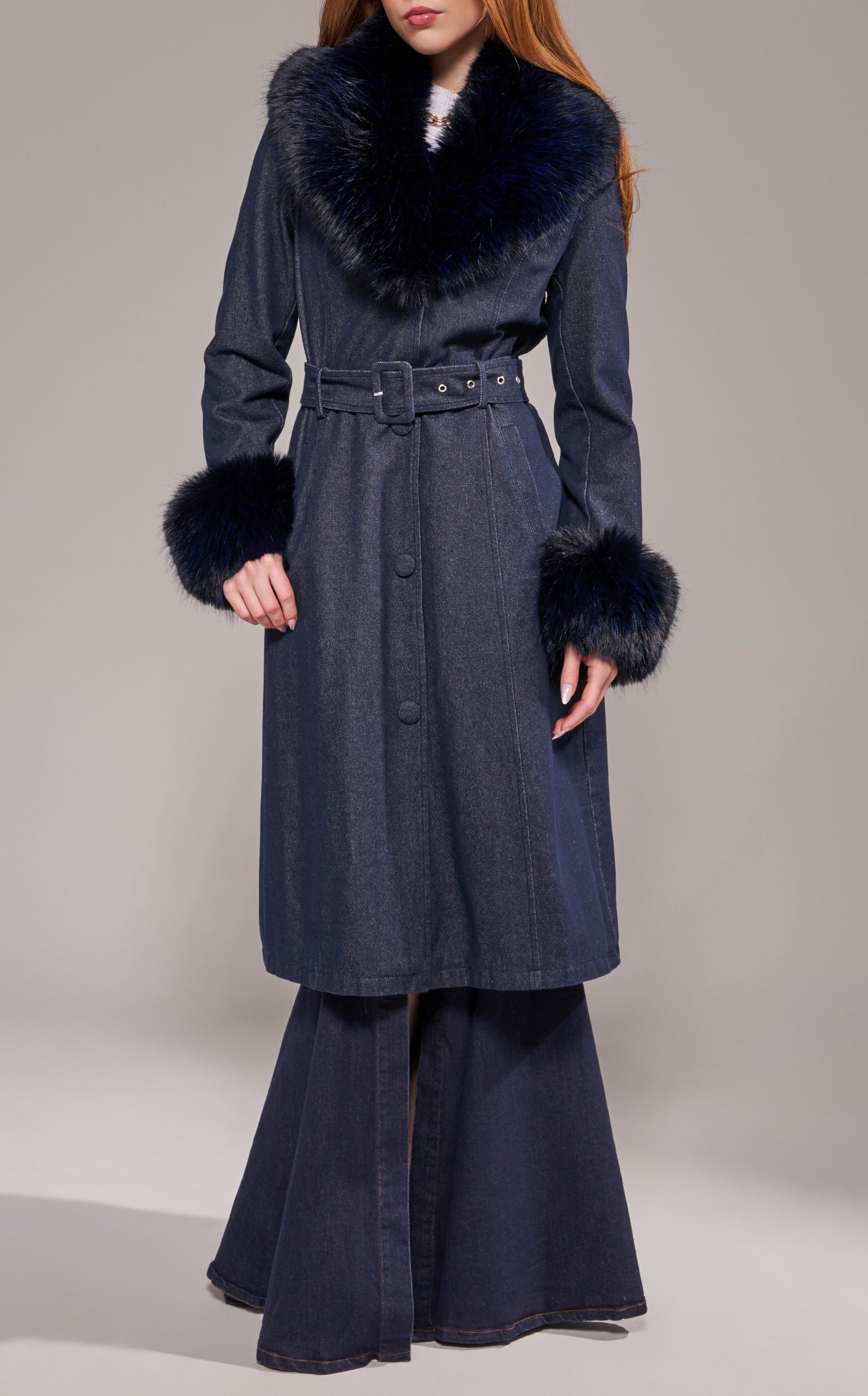 Denim and Faux Fur Trench in Dark Wash - PRE ORDER