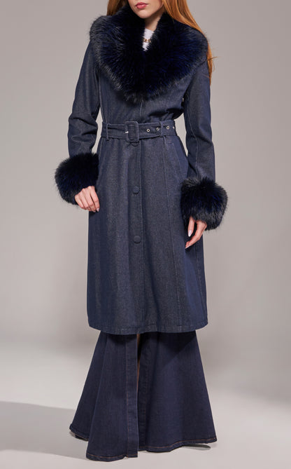 Denim and Faux Fur Trench in Dark Wash - PRE ORDER