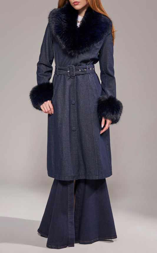 Kaya Denim and Faux Fur Trench in Dark Wash - PRE ORDER