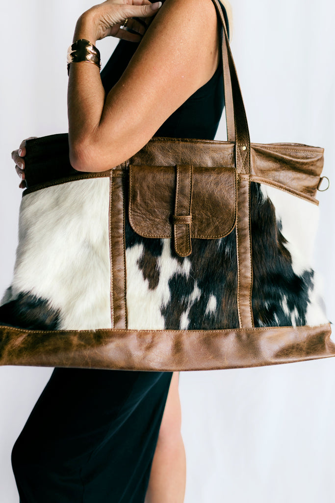 EXCLUSIVE!! Leather and Cowhide Travel Bag in Tri Color