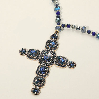 DOORBUSTER!! Oversized Crystal Cross Necklace in Navy