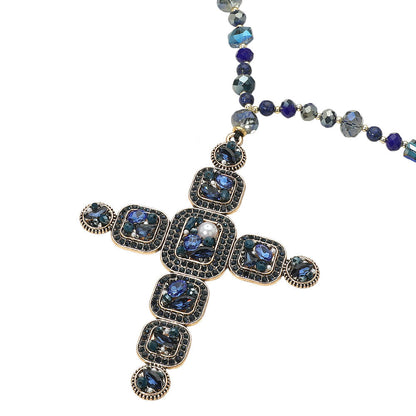 DOORBUSTER!! Oversized Crystal Cross Necklace in Navy