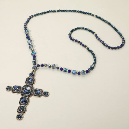 DOORBUSTER!! Oversized Crystal Cross Necklace in Navy