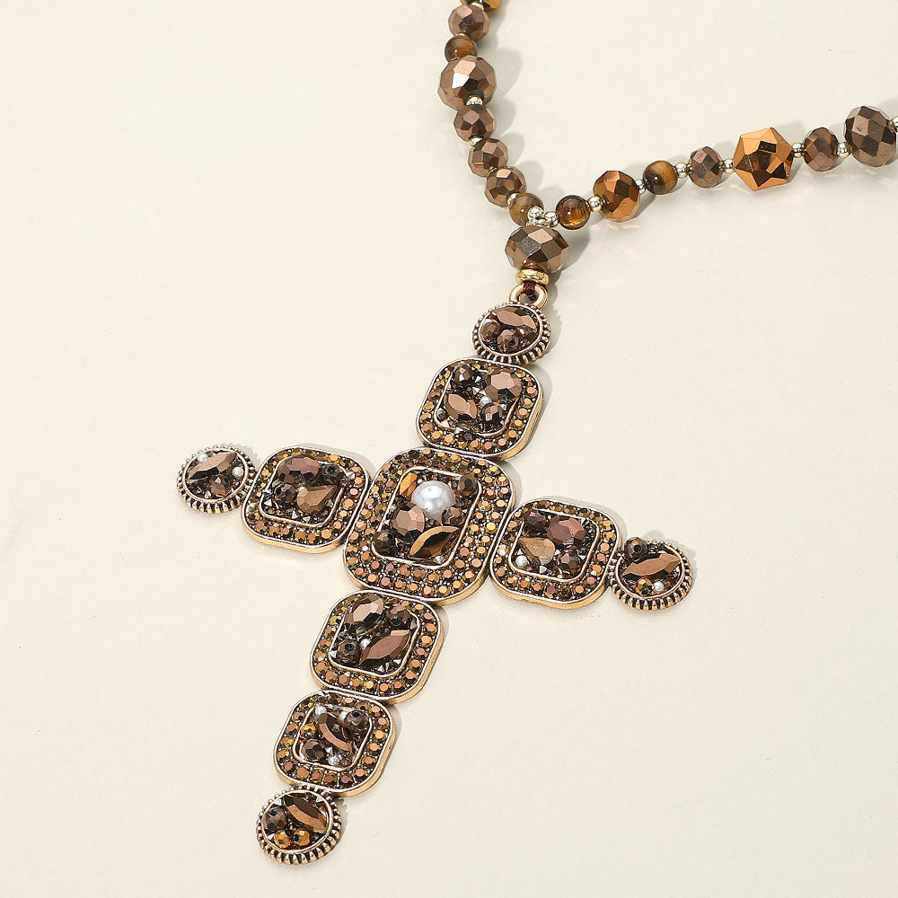 DOORBUSTER!! Oversized Crystal Cross Necklace in Brown