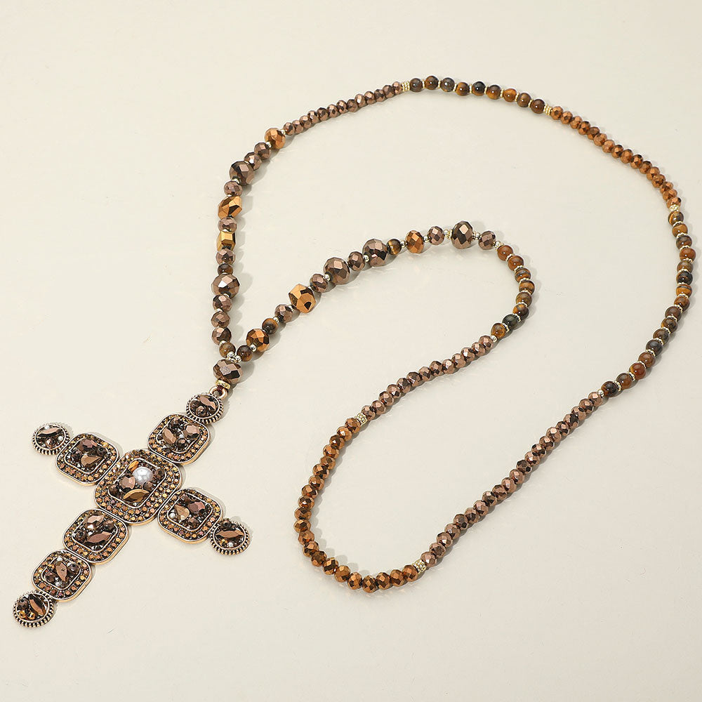 DOORBUSTER!! Oversized Crystal Cross Necklace in Brown