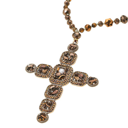 DOORBUSTER!! Oversized Crystal Cross Necklace in Brown