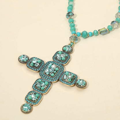 DOORBUSTER!! Oversized Crystal Cross Necklace in Turquoise