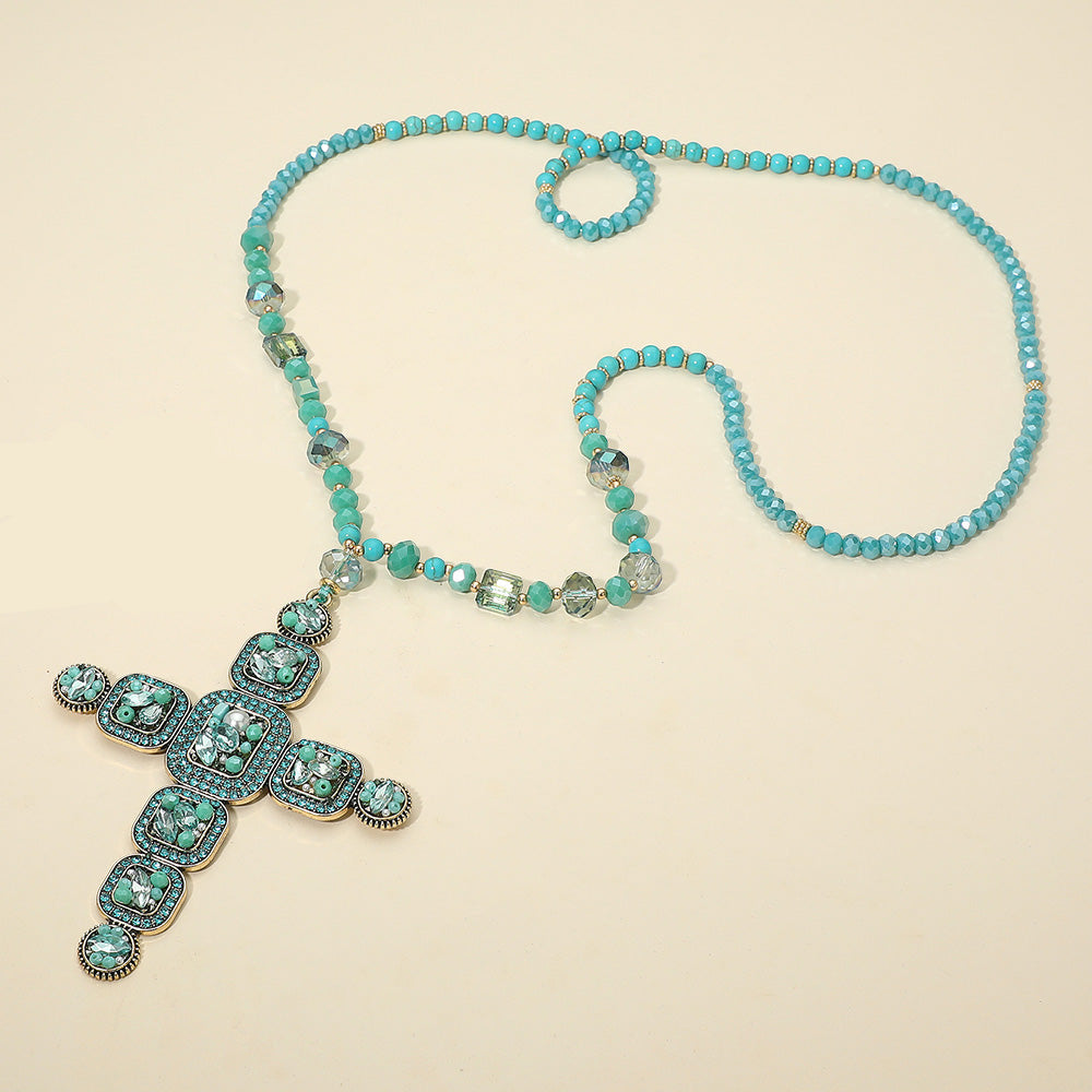 DOORBUSTER!! Oversized Crystal Cross Necklace in Turquoise