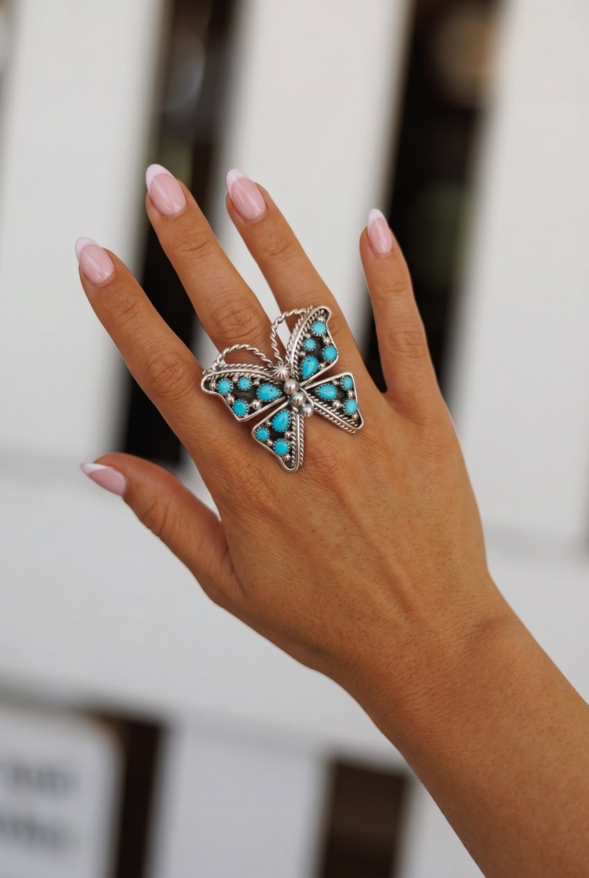 Butterfly Kingman Turquoise Adjustable Ring