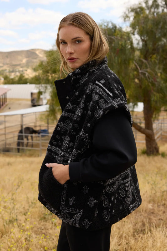 Printed Sherpa Vest in Black Bandana