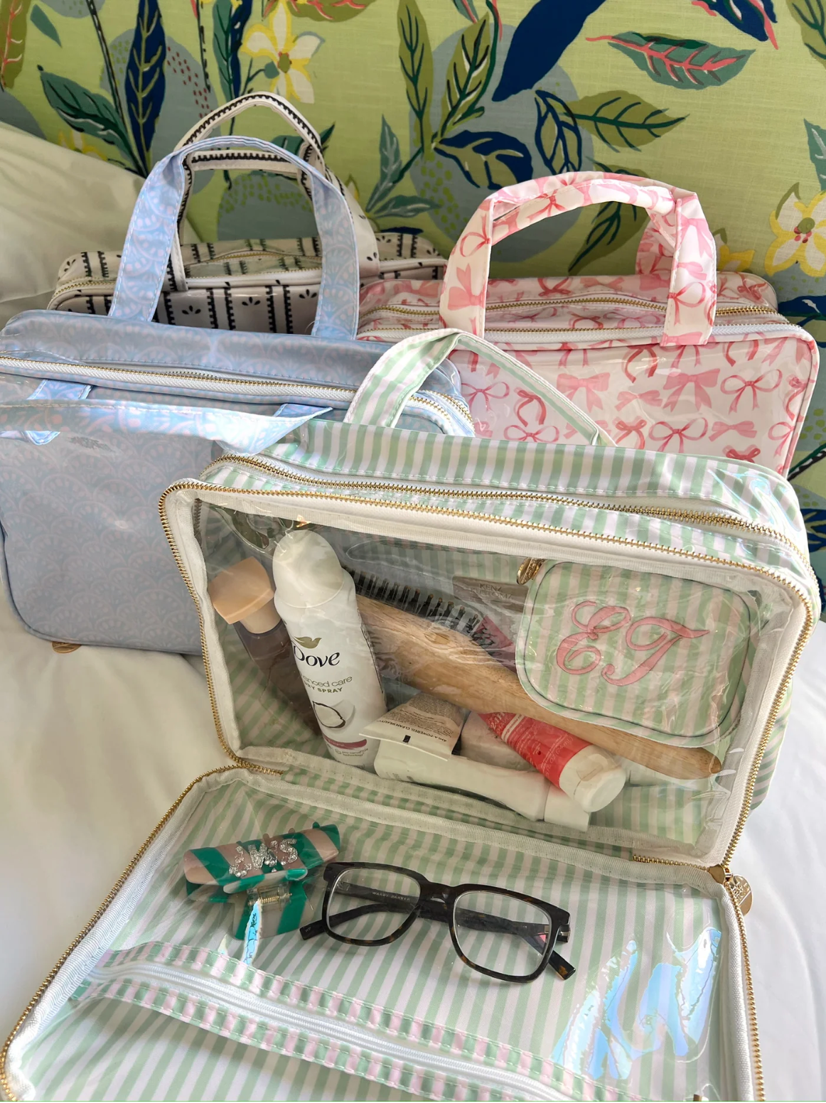 NEW!! Green + Pink Striped Clear Toiletry Case