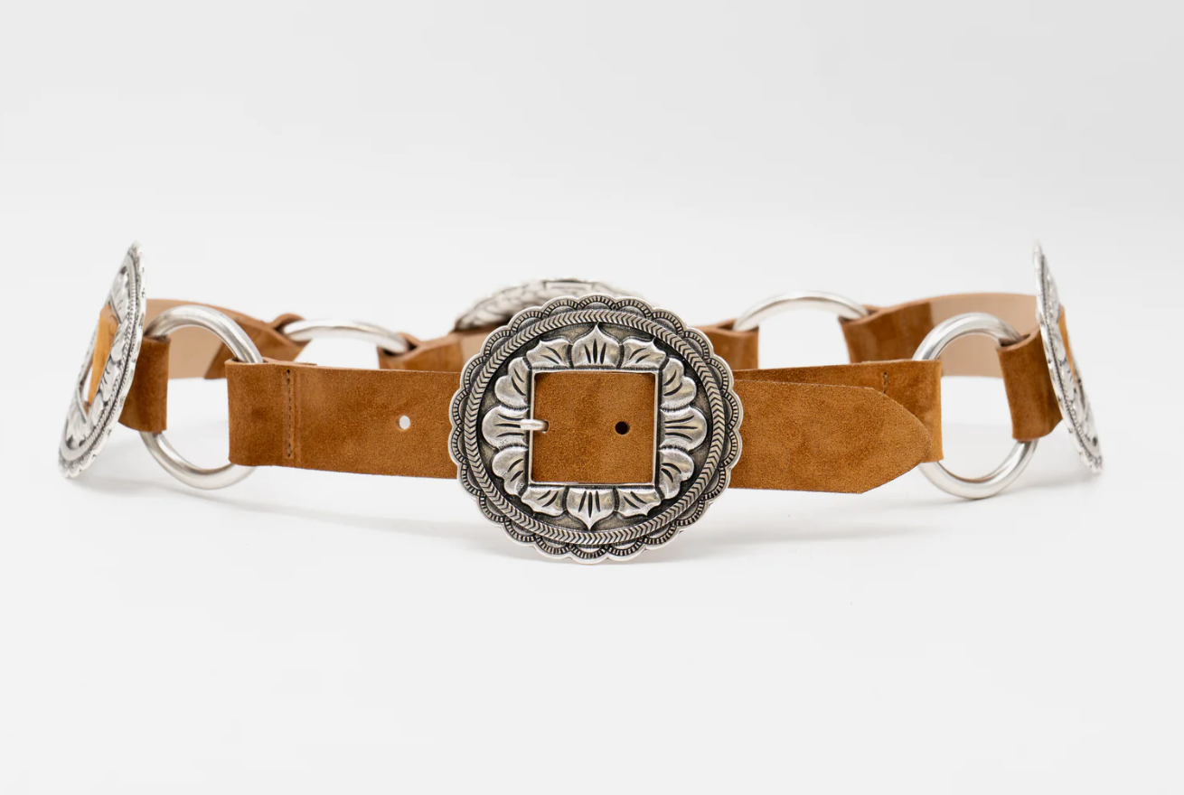 NEW!! Lilienne Silver Buckle Belt in Cognac