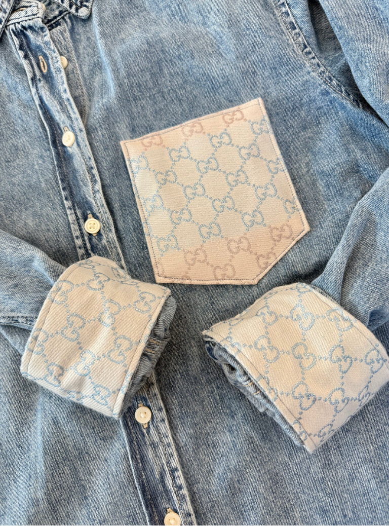 LIMITED EDITION!! Designer Repurposed Denim Shirt w/ Designer Beige Scarf