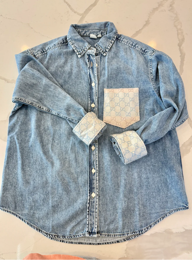 LIMITED EDITION!! Designer Repurposed Denim Shirt w/ Designer Beige Scarf