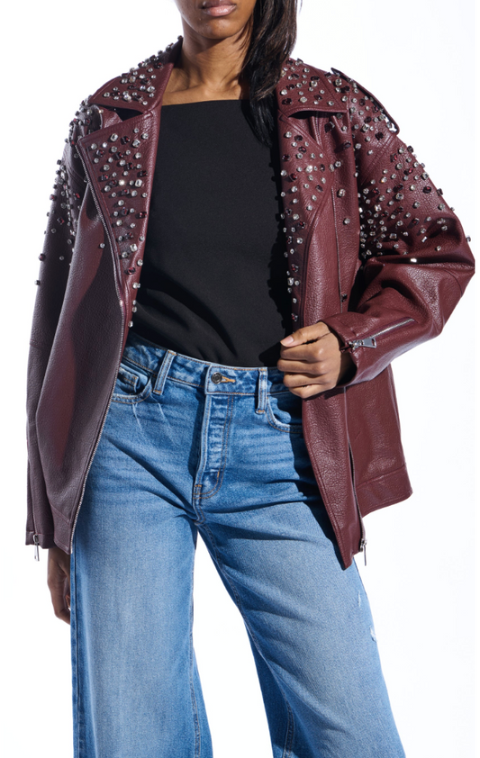 NEW!! Catrine Studded Faux Leather Jacket in Burgundy