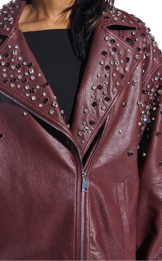 NEW!! Catrine Studded Faux Leather Jacket in Burgundy